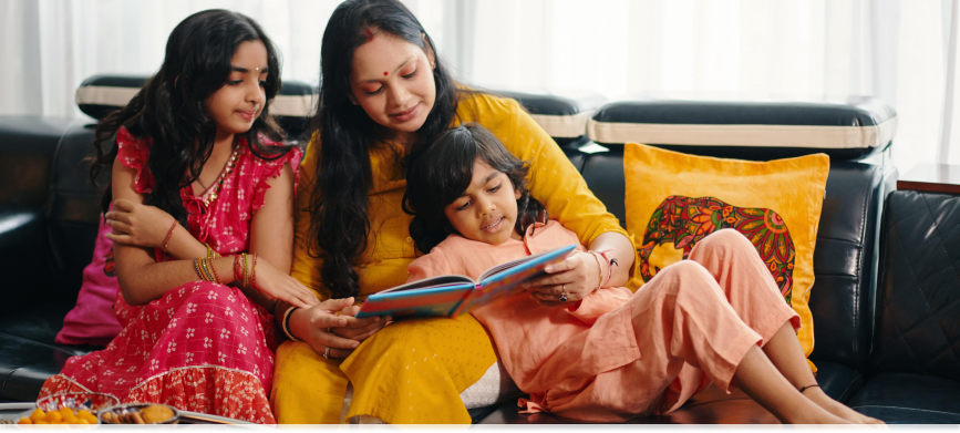 Woman reading to her children